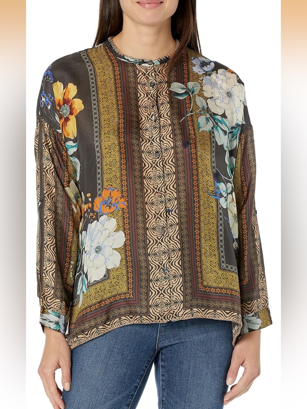 Johnny Was Golden Raquel Button Down Printed Silk Button Down Medium
